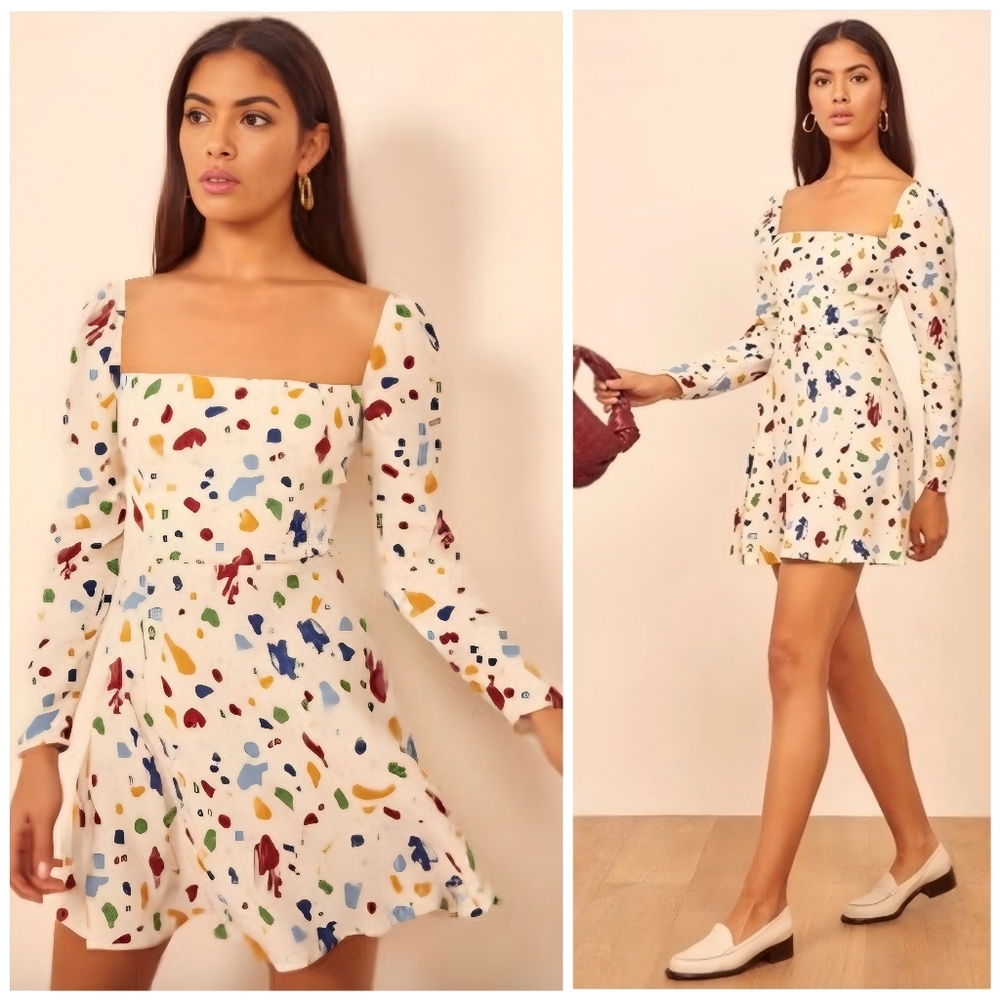 Reformation White Multicolor Long Sleeve Dress